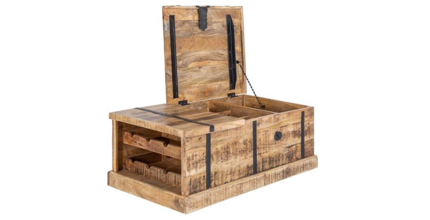 Table basse TRESORO 100cm en bois de manguier clair ouverte sur fond blanc