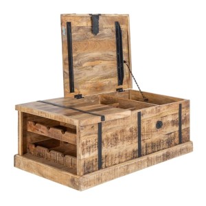 Table basse TRESORO 100cm en bois de manguier clair ouverte sur fond blanc