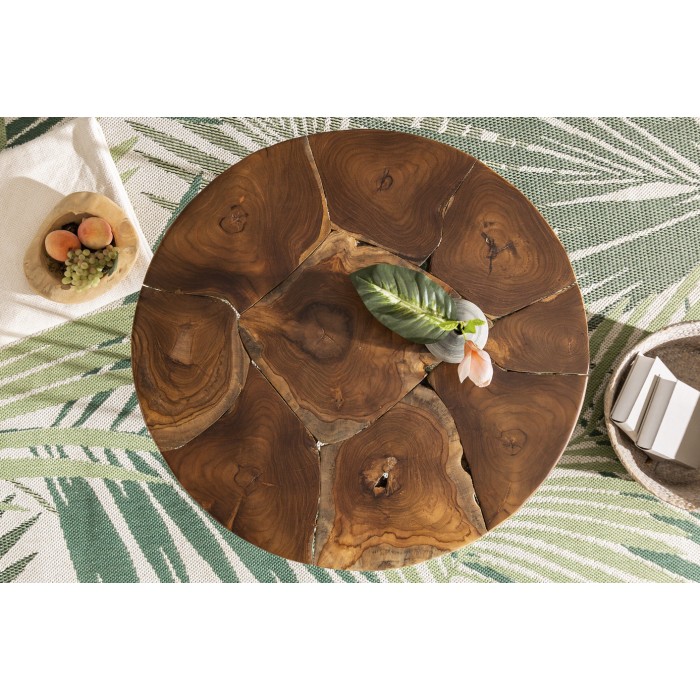 Runder Couchtisch LOVARK 70 cm aus massivem Teakholz und schwarzem Metall im Industriestil