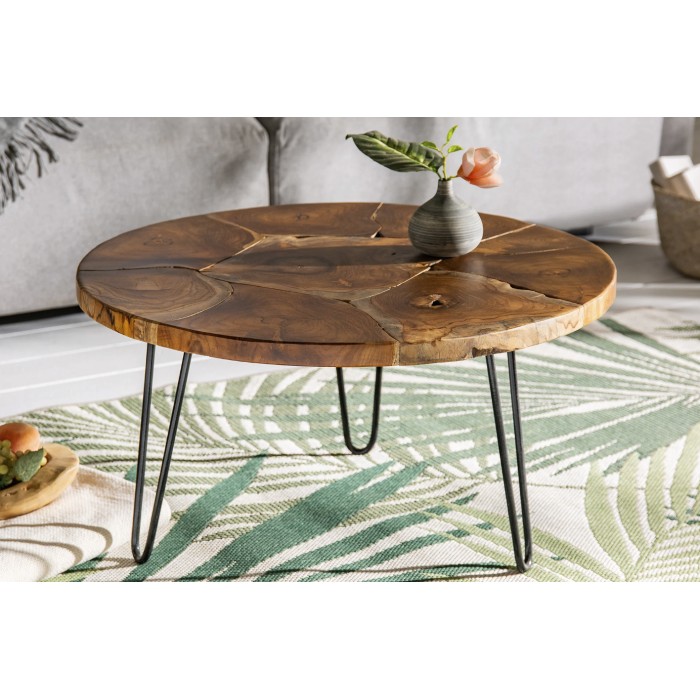 Runder Couchtisch LOVARK 70 cm aus massivem Teakholz und schwarzem Metall im Industriestil