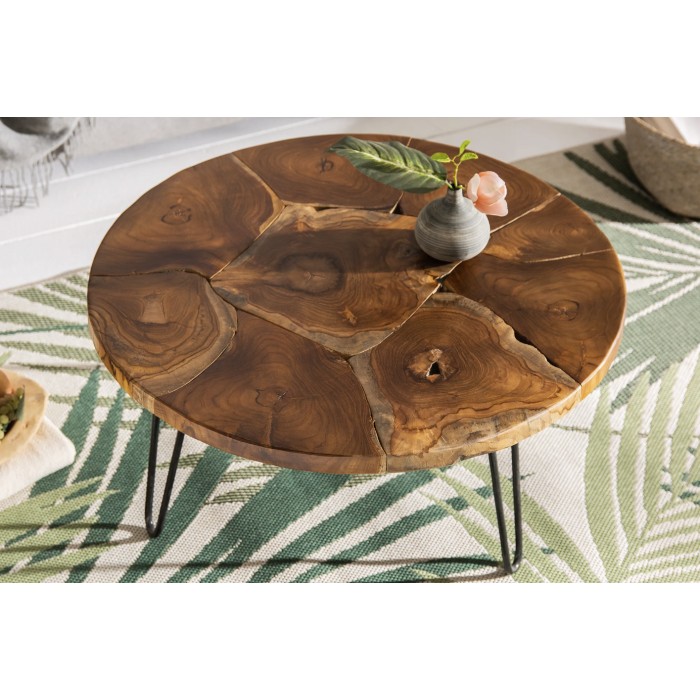 Runder Couchtisch LOVARK 70 cm aus massivem Teakholz und schwarzem Metall im Industriestil