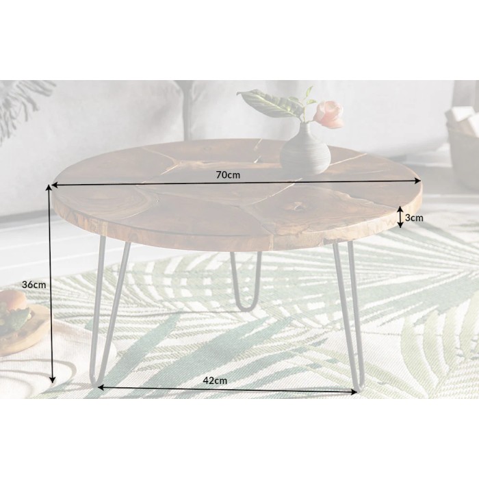Runder Couchtisch LOVARK 70 cm aus massivem Teakholz und schwarzem Metall im Industriestil