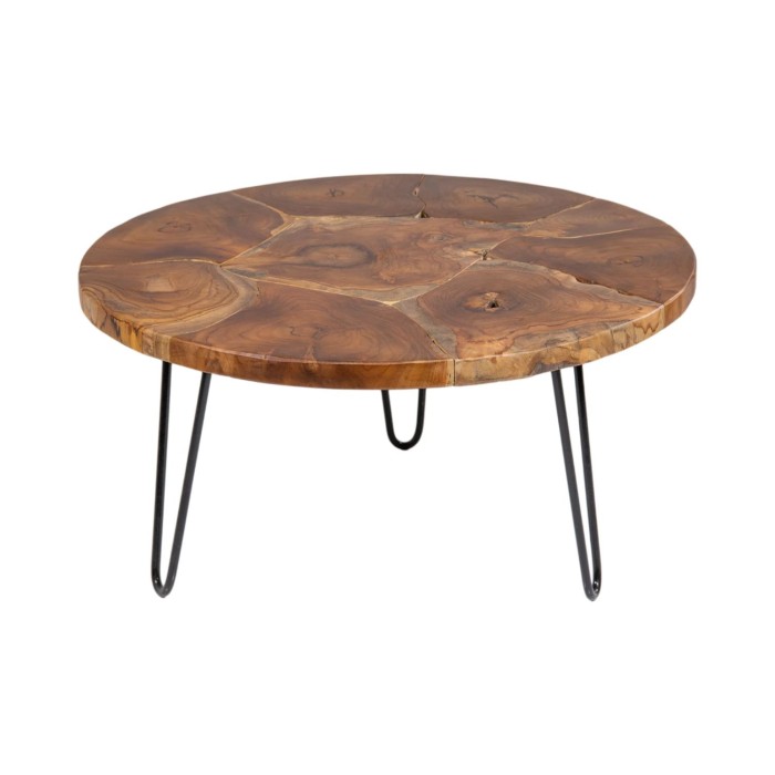 Runder Couchtisch LOVARK 70 cm aus massivem Teakholz und schwarzem Metall im Industriestil