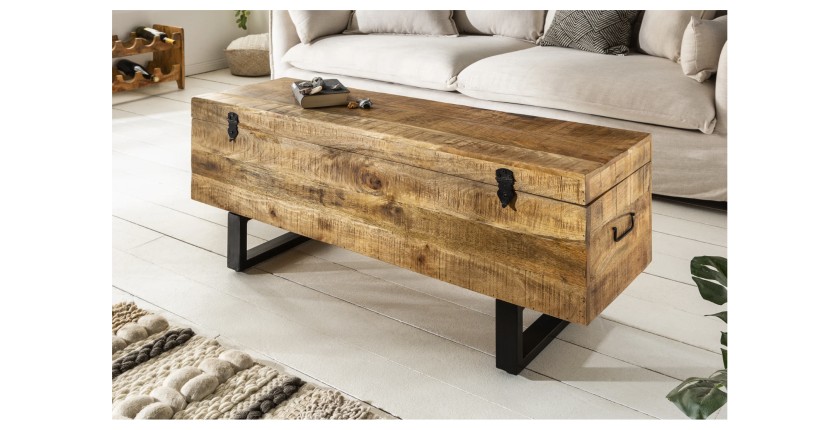 Table basse ou banc MERAX 115cm en bois de manguier vue de côté