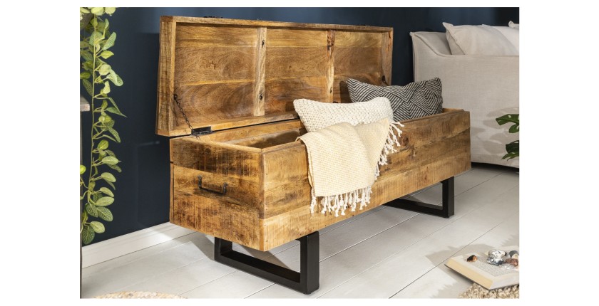 Table basse ou banc MERAX 115cm en bois de manguier ouvert vue de côté