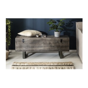 Table basse ou banc coffre MERAX 115 cm grise en bois massif et métal style industriel
