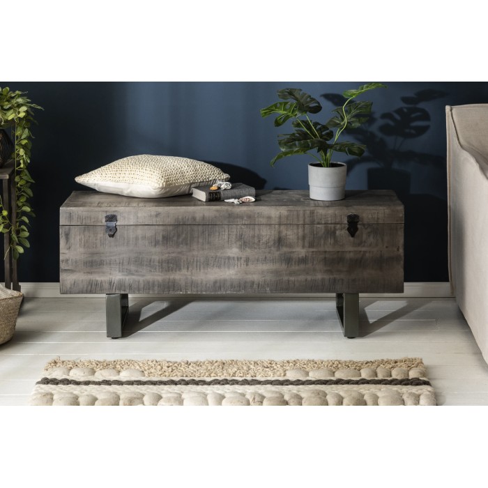 Tavolino basso o panca contenitore MERAX 115 cm grigio in legno massiccio e metallo stile industriale