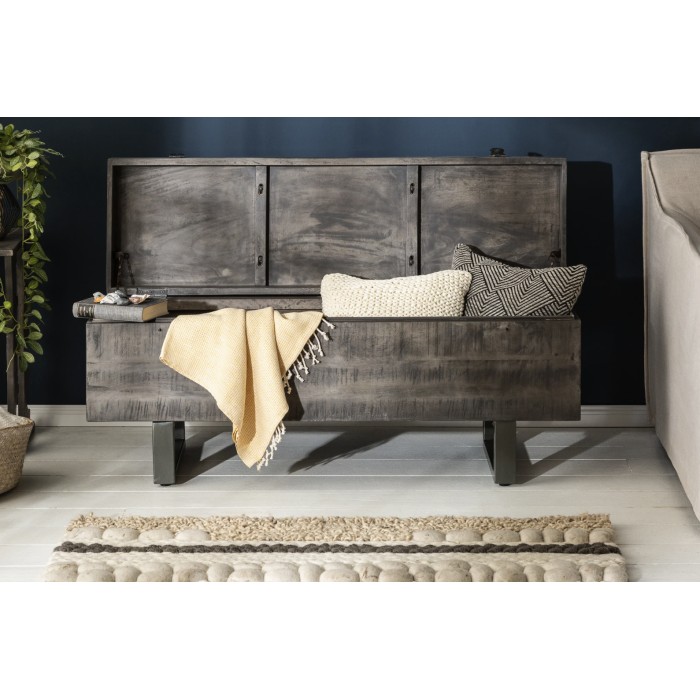 Tavolino basso o panca contenitore MERAX 115 cm grigio in legno massiccio e metallo stile industriale