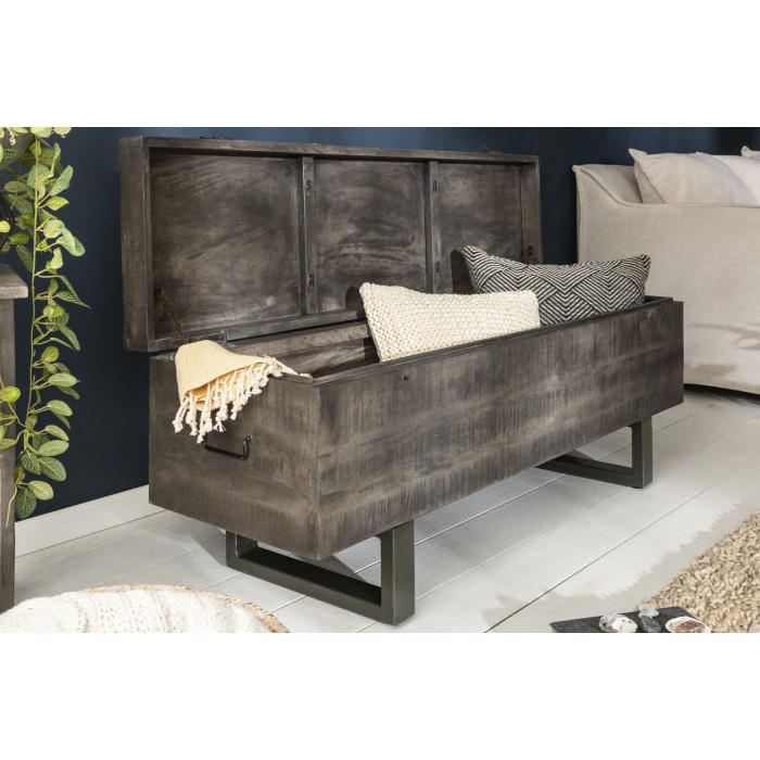 Tavolino basso o panca contenitore MERAX 115 cm grigio in legno massiccio e metallo stile industriale