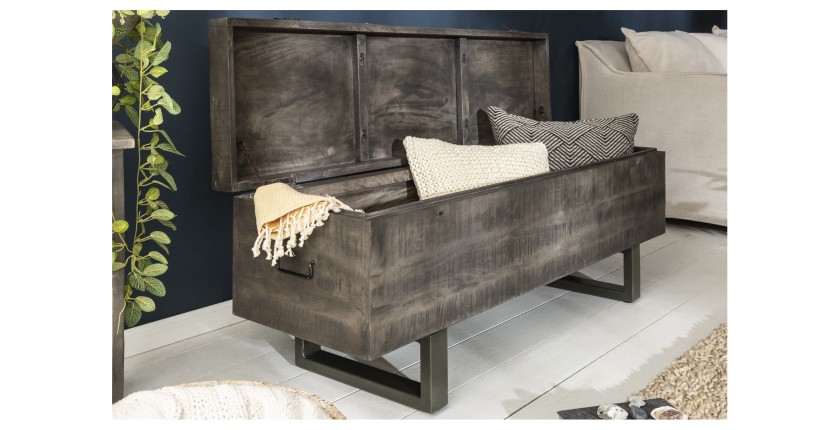 Table basse ou banc coffre MERAX 115cm grise ouverte vue de côté