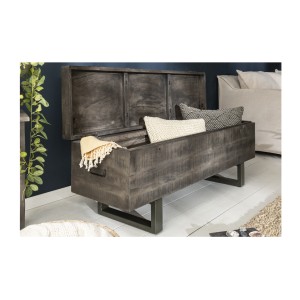 Table basse ou banc coffre MERAX 115cm grise ouverte vue de côté