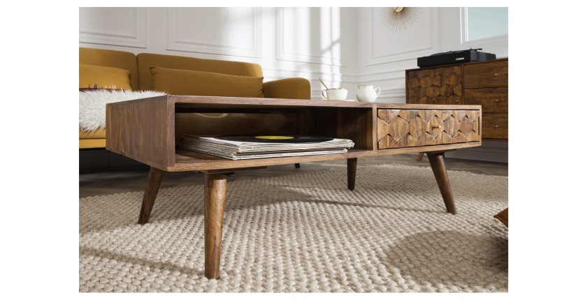 Table basse SCANI 100cm en bois de Sheesham vue de côté