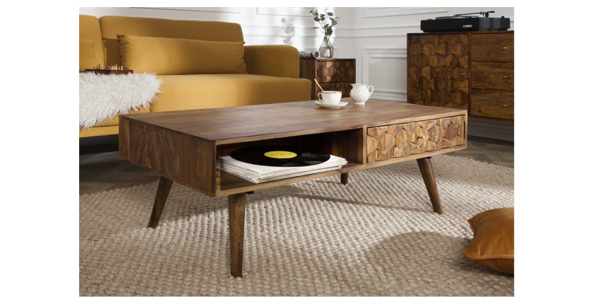 Table basse SCANI 100cm en bois de Sheesham mise en situation