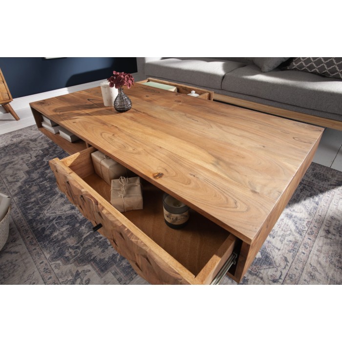 Table basse SCANI 100cm en bois d'acacia avec tiroirs ouverts