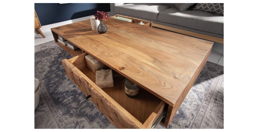 Table basse SCANI 100cm en bois d'acacia avec tiroirs ouverts