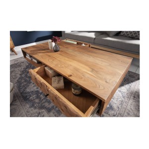 Table basse SCANI 100cm en bois d'acacia avec tiroirs ouverts