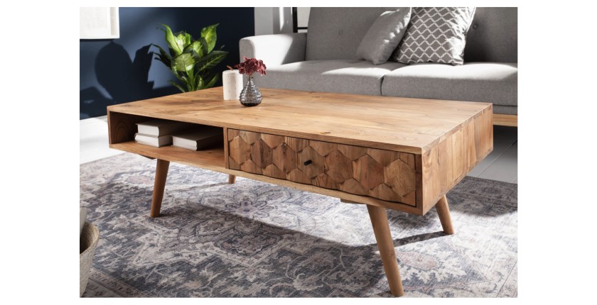 Table basse SCANI 100cm en bois d'acacia mise en situation