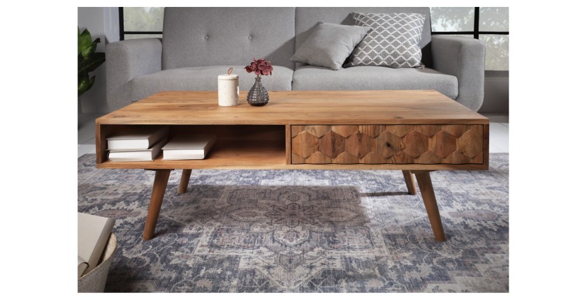 Table basse SCANI 100cm en bois d'acacia vue de face