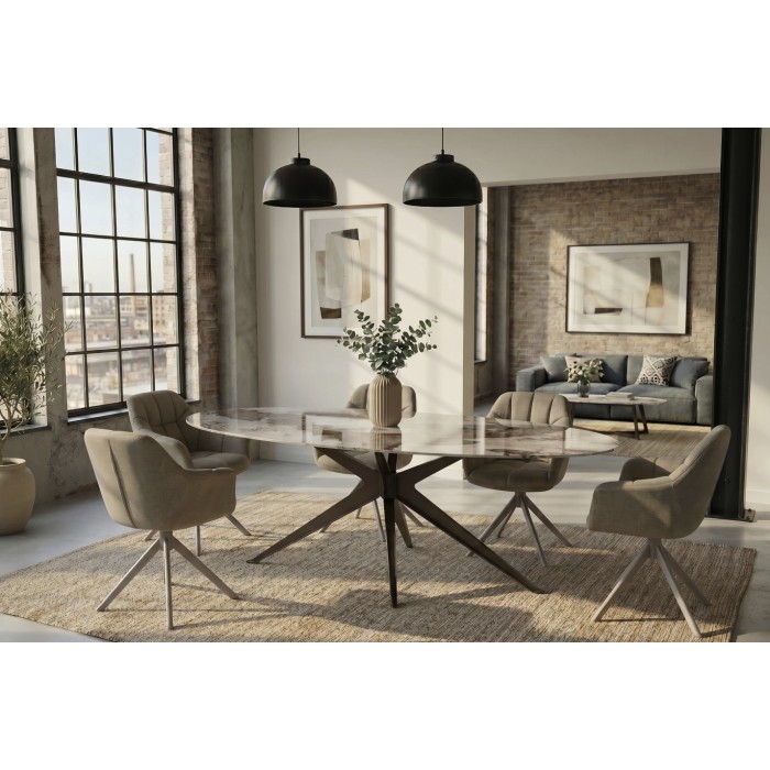 Tavolo da pranzo AVELIS ovale 220 cm in ceramica effetto marmo bianco e metallo bronzo