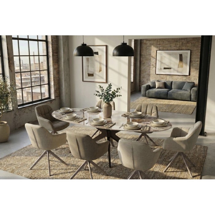 Tavolo da pranzo AVELIS ovale 220 cm in ceramica effetto marmo bianco e metallo bronzo