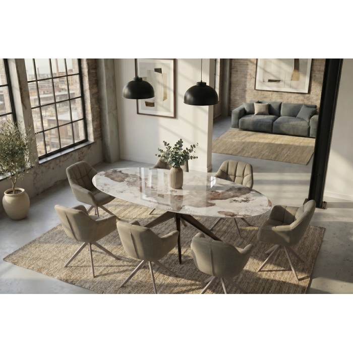Tavolo da pranzo AVELIS ovale 220 cm in ceramica effetto marmo bianco e metallo bronzo