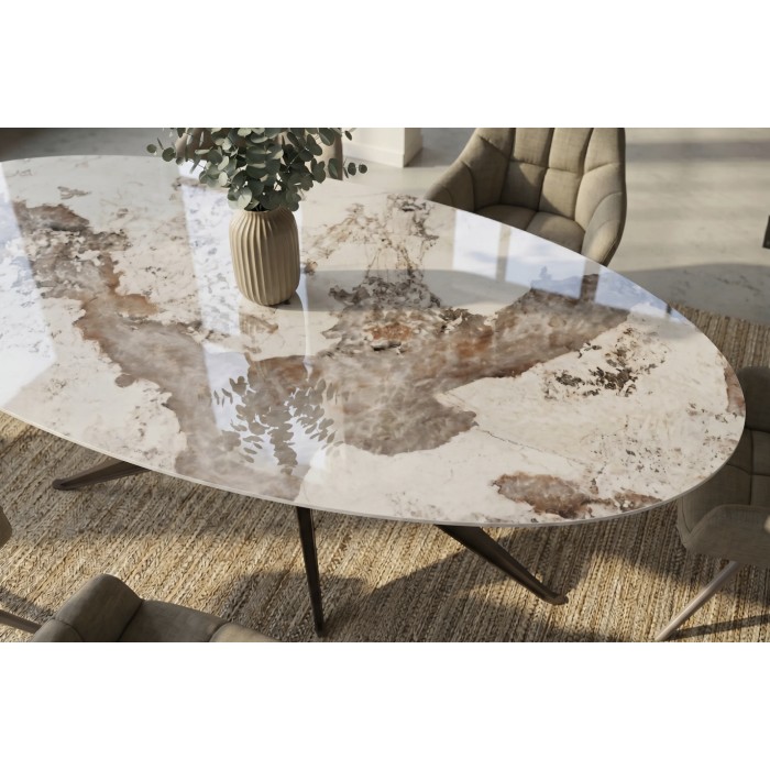 Tavolo da pranzo AVELIS ovale 220 cm in ceramica effetto marmo bianco e metallo bronzo