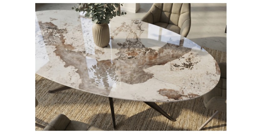 Zoom sur le plateau de la table de salle à manger AVELIS 220cm effet marbre