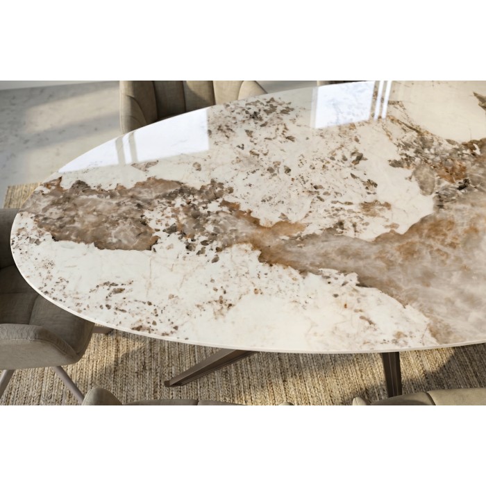 Tavolo da pranzo AVELIS ovale 220 cm in ceramica effetto marmo bianco e metallo bronzo