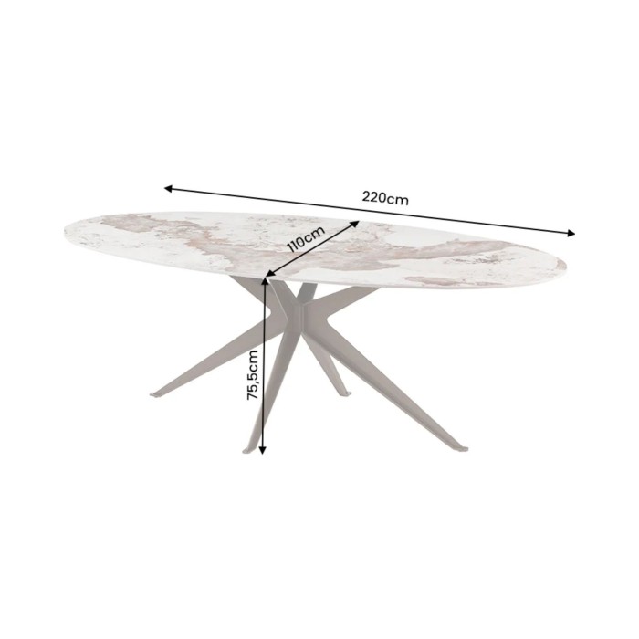 Tavolo da pranzo AVELIS ovale 220 cm in ceramica effetto marmo bianco e metallo bronzo