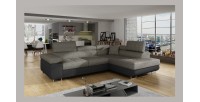 Canapé d’angle convertible MENTON gris bouclé – 4 places avec coffre et têtières