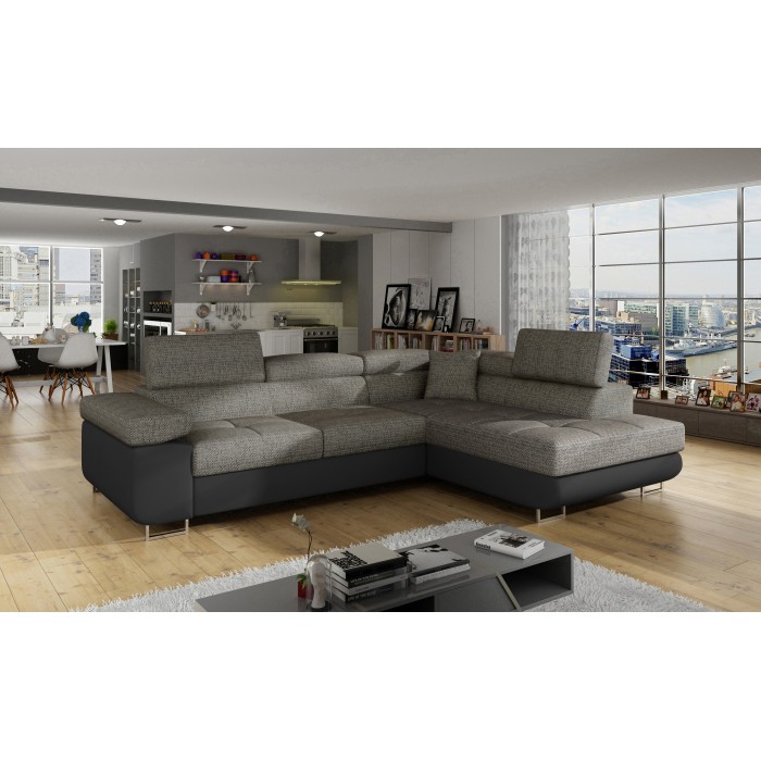 Canapé d’angle convertible MENTON gris bouclé – 4 places avec coffre et têtières