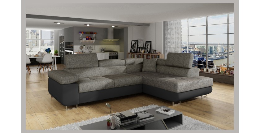 Canapé d’angle convertible MENTON gris bouclé – 4 places avec coffre et têtières