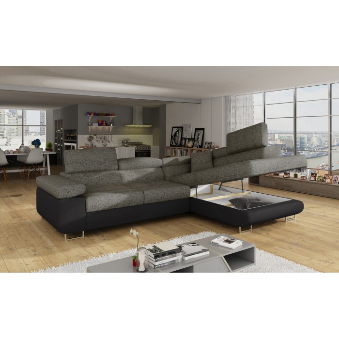 Canapé d’angle convertible MENTON gris bouclé – 4 places avec coffre et têtières
