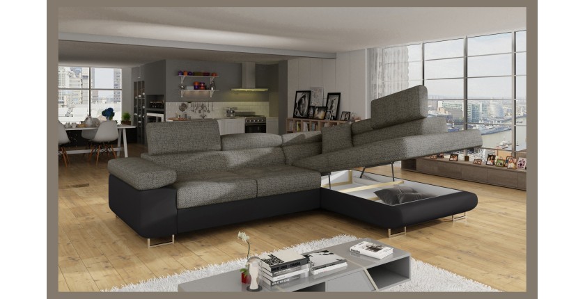 Canapé d’angle convertible MENTON gris bouclé – 4 places avec coffre et têtières