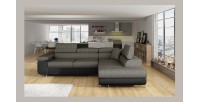 Canapé d’angle convertible MENTON gris bouclé – 4 places avec coffre et têtières