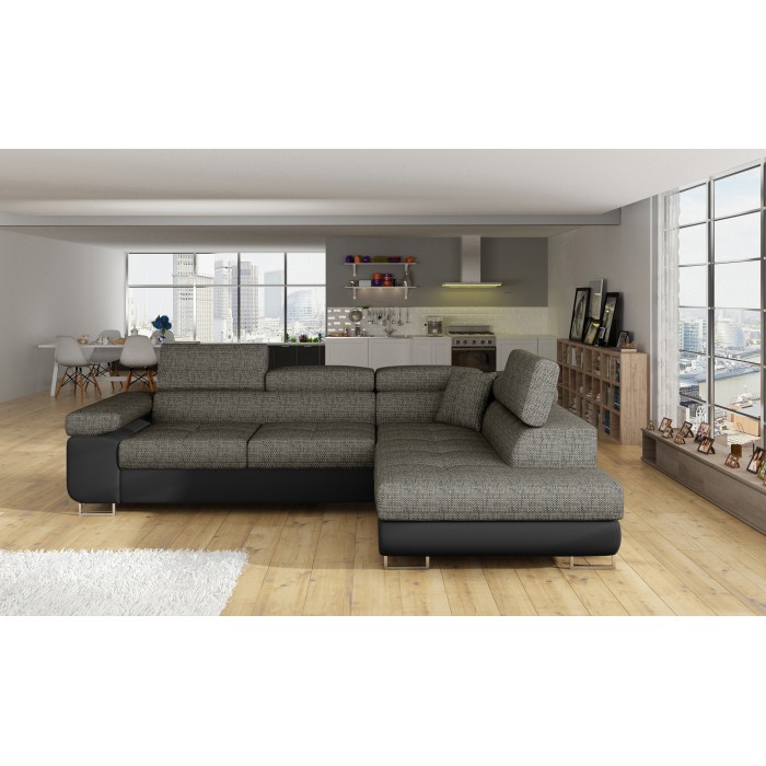Canapé d’angle convertible MENTON gris bouclé – 4 places avec coffre et têtières