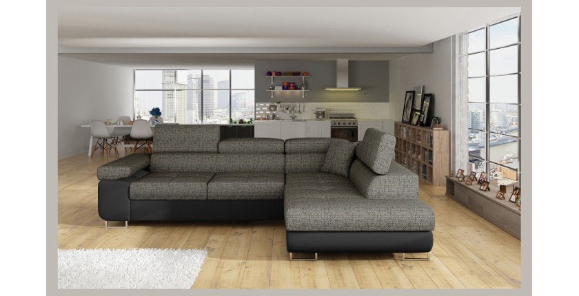 Canapé d’angle convertible MENTON gris bouclé – 4 places avec coffre et têtières