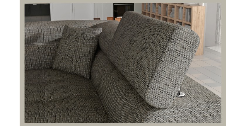 Canapé d’angle convertible MENTON gris bouclé – 4 places avec coffre et têtières