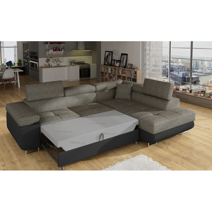 Canapé d’angle convertible MENTON gris bouclé – 4 places avec coffre et têtières