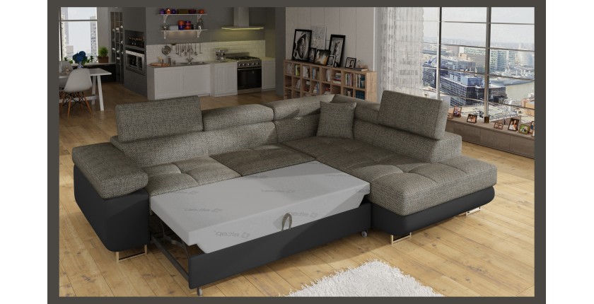 Canapé d’angle convertible MENTON gris bouclé – 4 places avec coffre et têtières