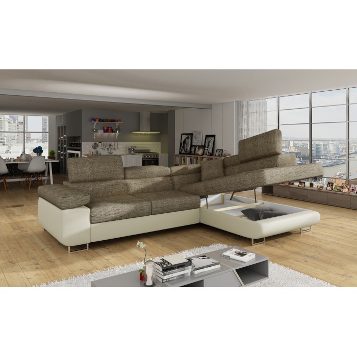 Canapé d’angle convertible MENTON beige bouclé – 4 places avec coffre et têtières