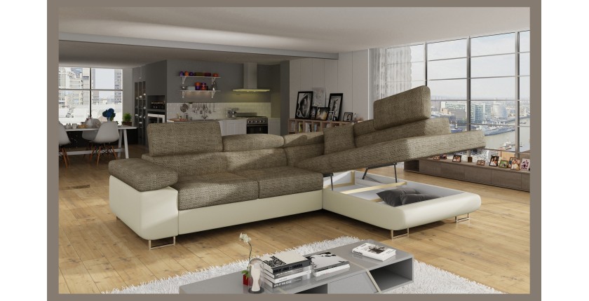 Canapé d’angle convertible MENTON beige bouclé – 4 places avec coffre et têtières