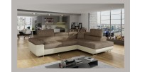 Canapé d’angle convertible MENTON beige bouclé – 4 places avec coffre et têtières