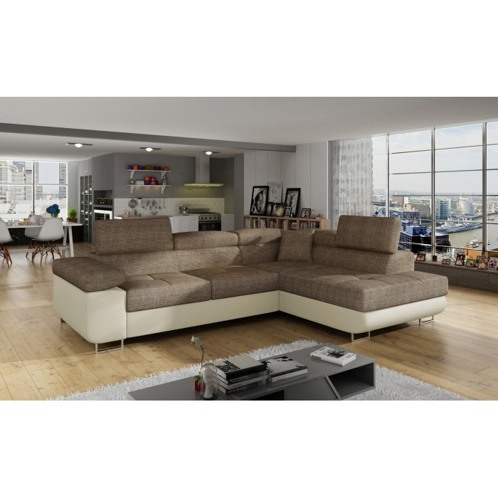 Canapé d’angle convertible MENTON beige bouclé – 4 places avec coffre et têtières