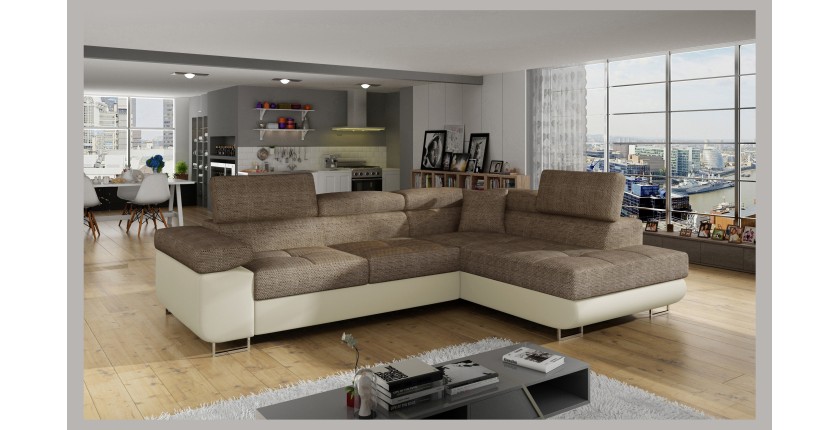 Canapé d’angle convertible MENTON beige bouclé – 4 places avec coffre et têtières