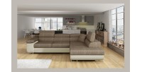 Canapé d’angle convertible MENTON beige bouclé – 4 places avec coffre et têtières