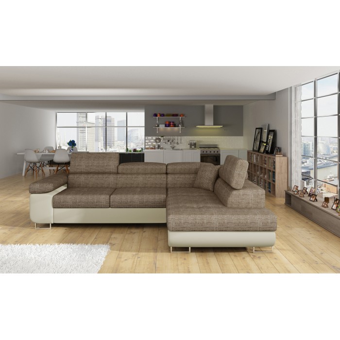 Canapé d’angle convertible MENTON beige bouclé – 4 places avec coffre et têtières