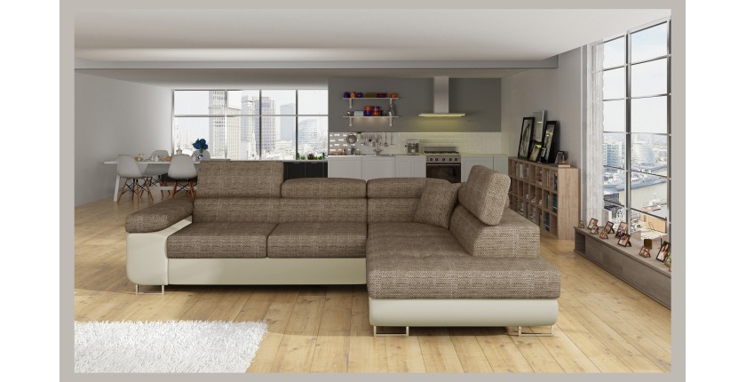 Canapé d’angle convertible MENTON beige bouclé – 4 places avec coffre et têtières