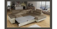 Canapé d’angle convertible MENTON beige bouclé – 4 places avec coffre et têtières