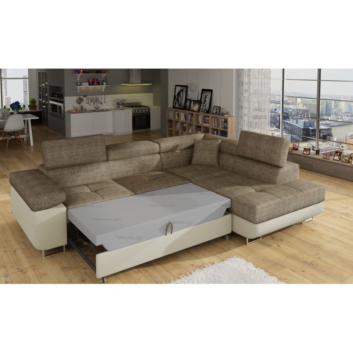 Canapé d’angle convertible MENTON beige bouclé – 4 places avec coffre et têtières
